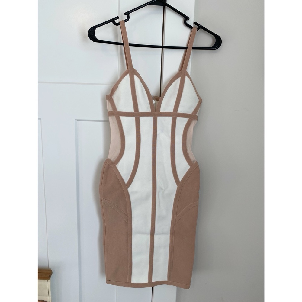 White and tan bodycon dress with mesh side panels